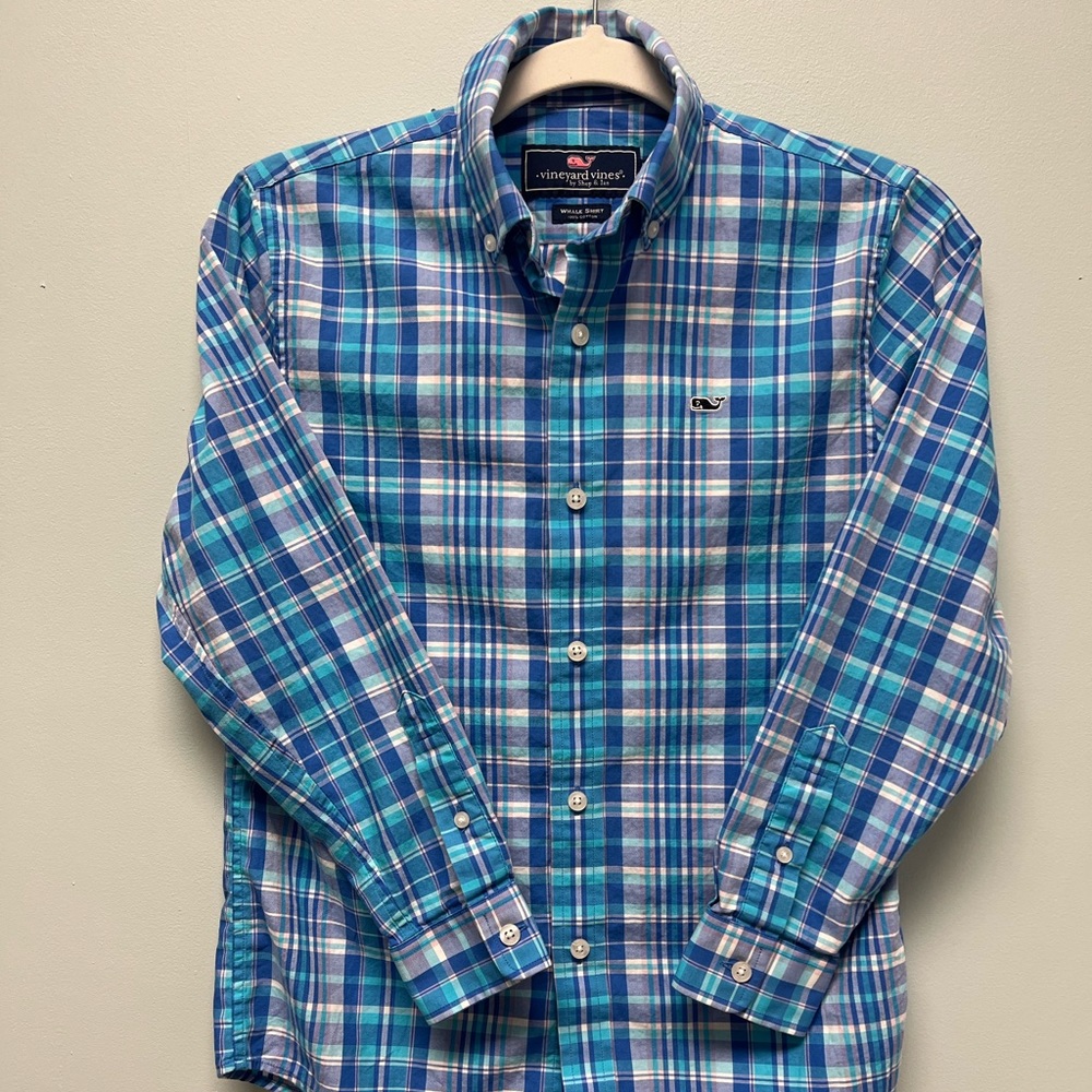 Vineyard Vines Boys' On-The-Go Blue/White/Pink Plaid Button Shirt Size S (8-10)